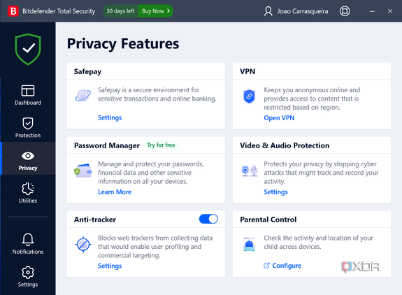 Screenshot of privacy features page in Bitdefender Total Security