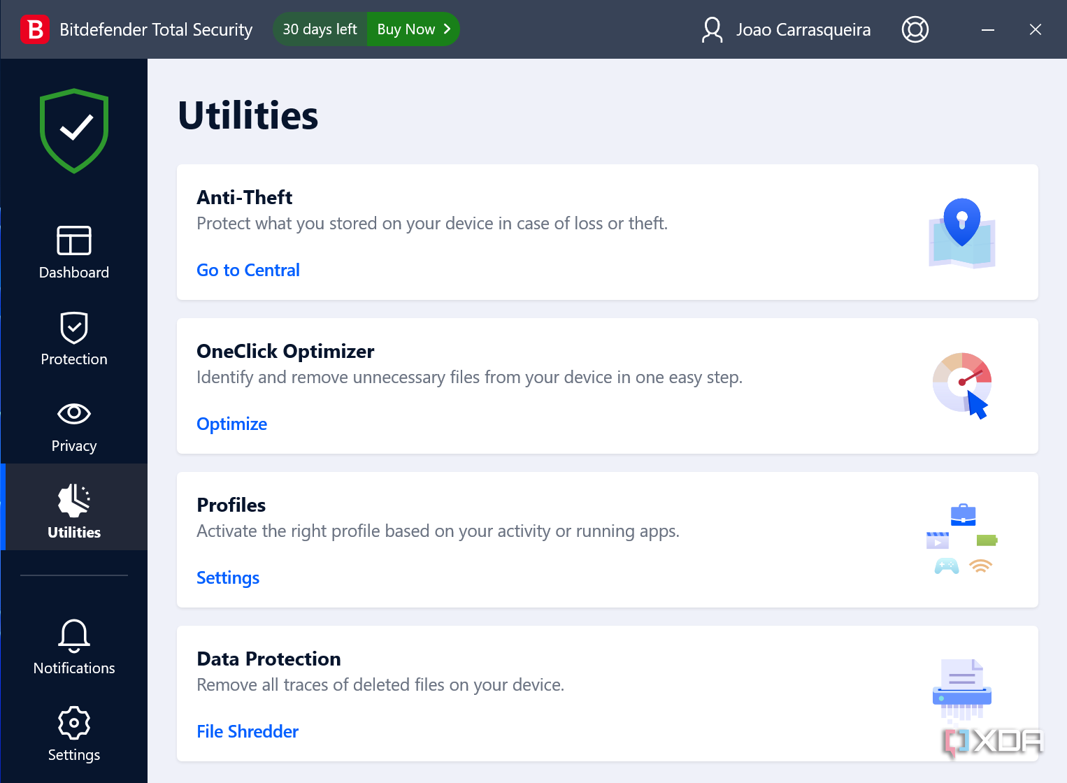 Screenshot of utilities page in Bitdefender Total Security