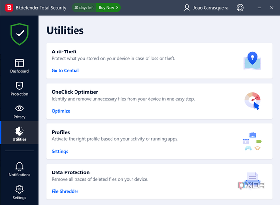 Screenshot of utilities page in Bitdefender Total Security