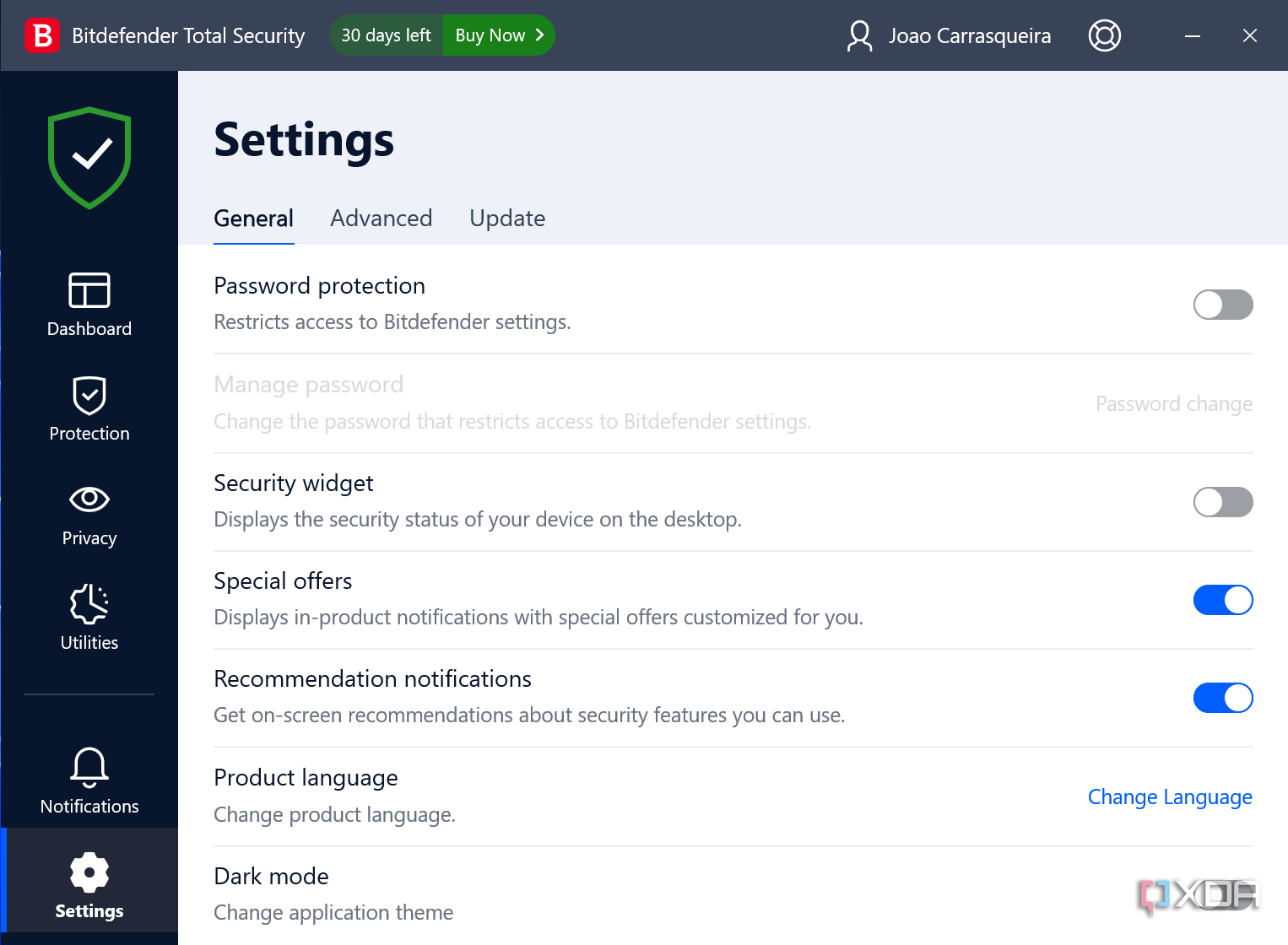 Screenshot of settings page in Bitdefender Total Security