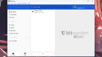 A screenshot showing the saved cards tab on Bitwarden Password Manager app in Windows.