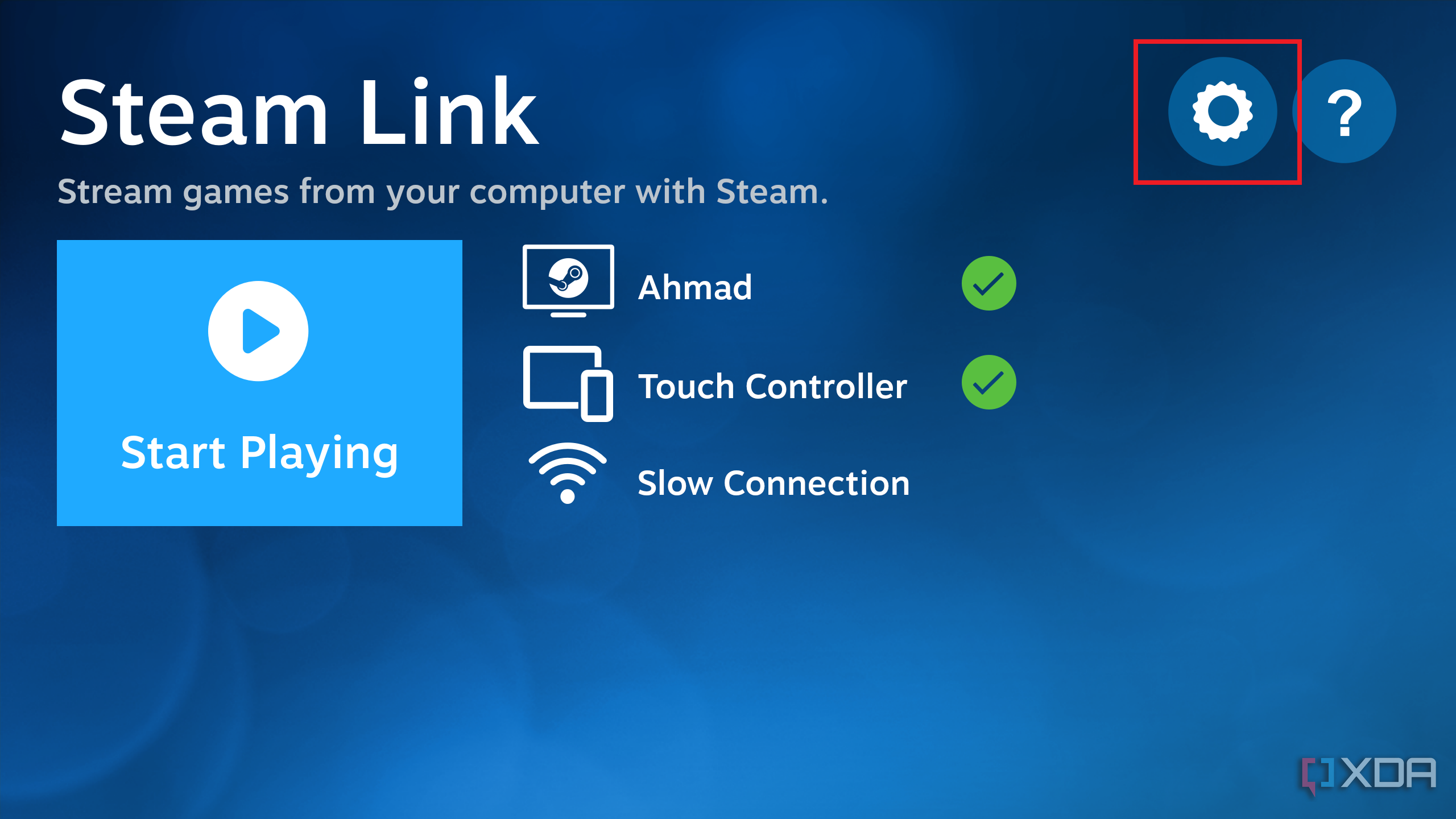 Steam Link home page with the settings icon highlighted.