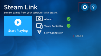 Steam Link home page with the settings icon highlighted.