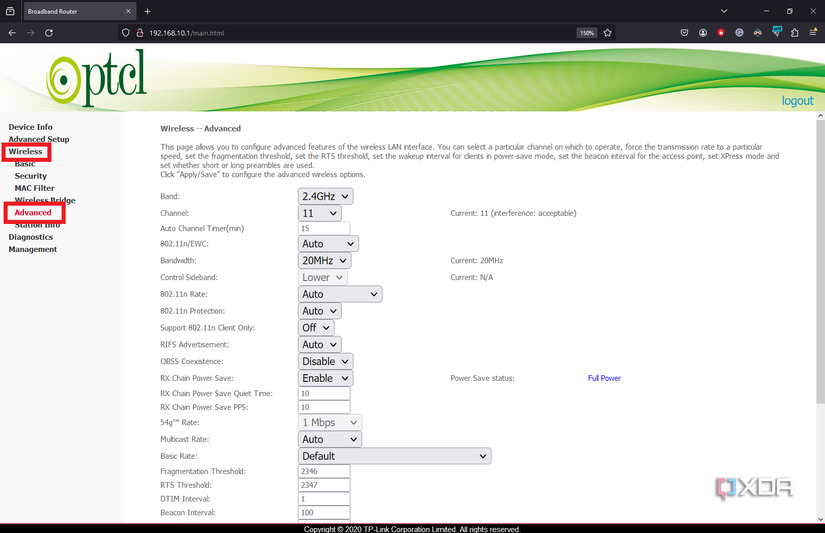 going into advanced wireless settings of the router