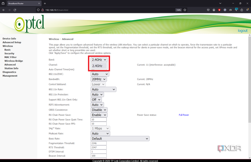 changing the wifi band on the router