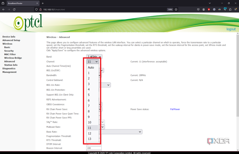 changing the band channel on the router with channel 11 selected