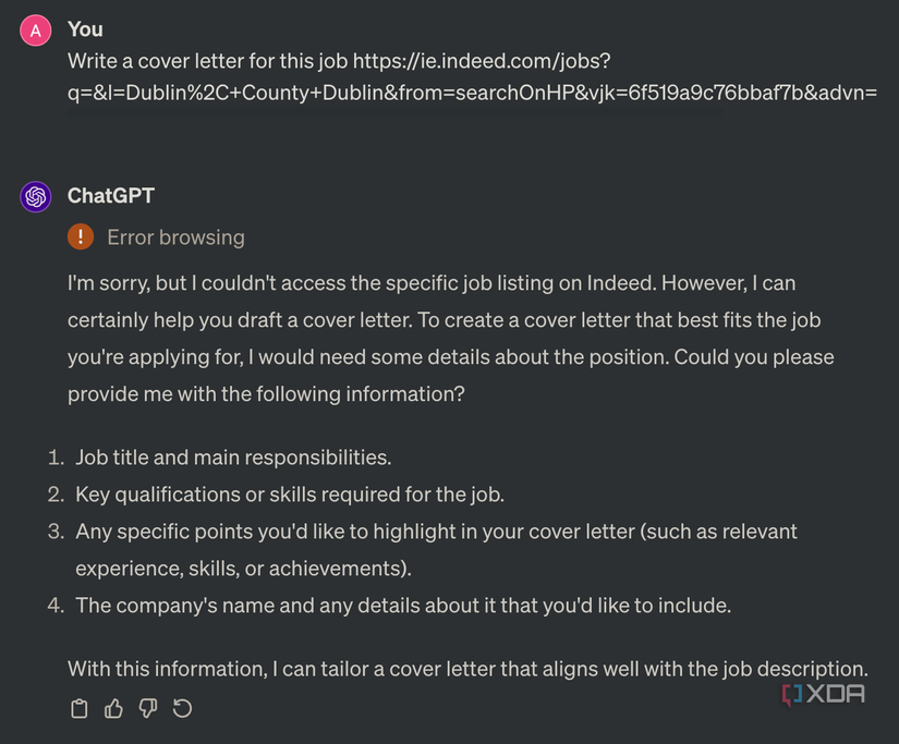 Asking ChatGPT to write a cover letter for a job listing on Indeed