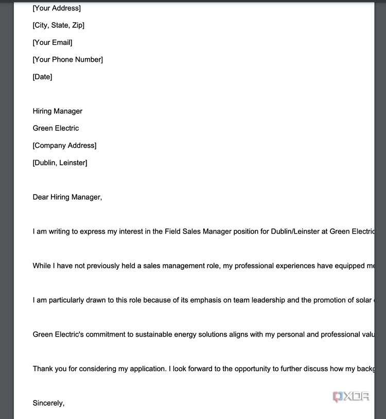Cover letter in ChatGPT exported to PDF, showing text running off the side