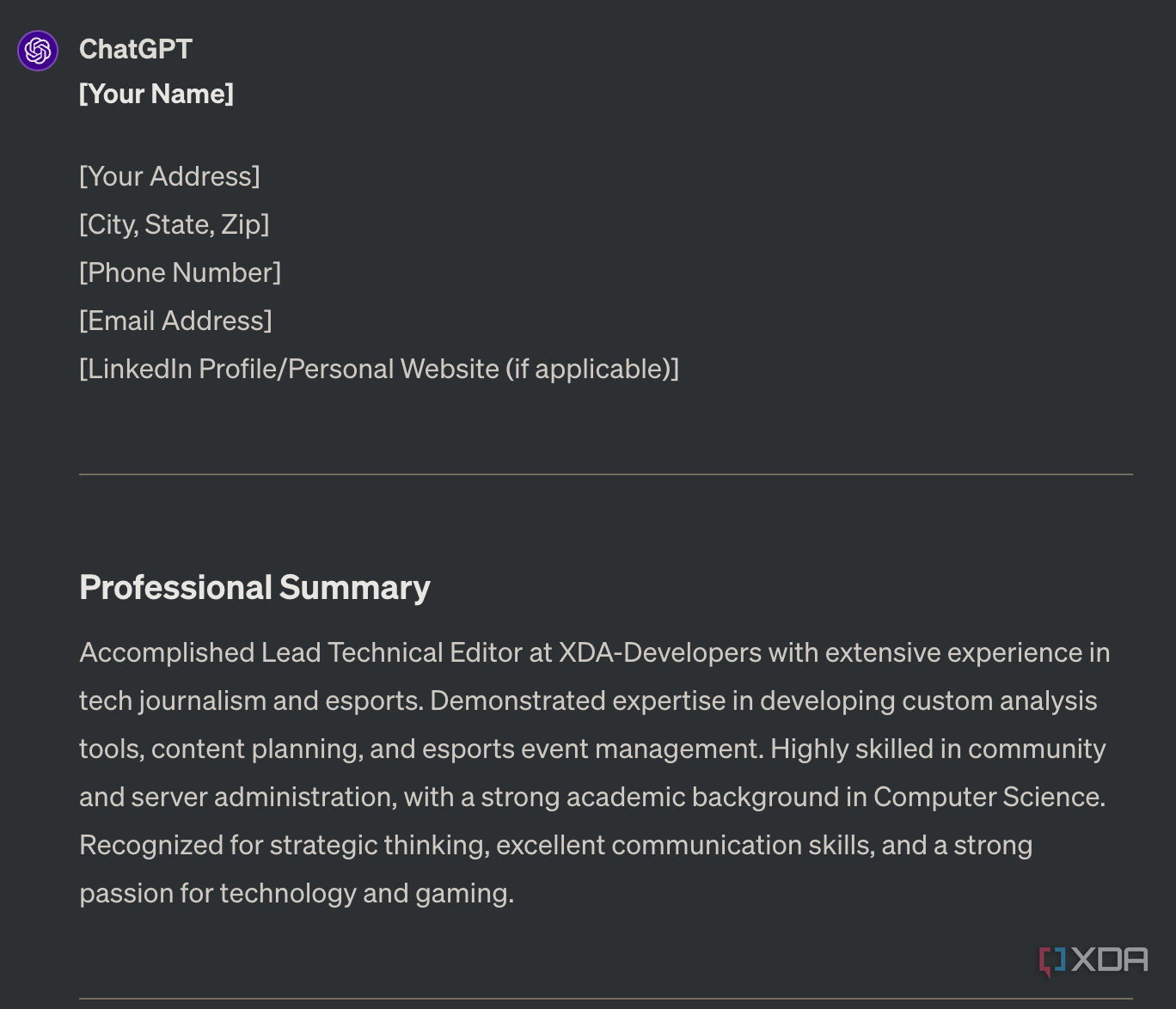 ChatGPT making resume showing name and professional summary