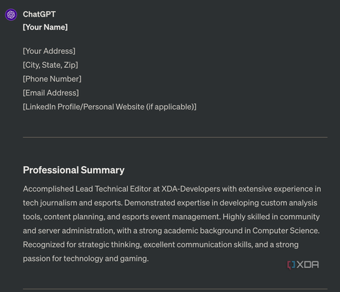 ChatGPT making resume showing name and professional summary