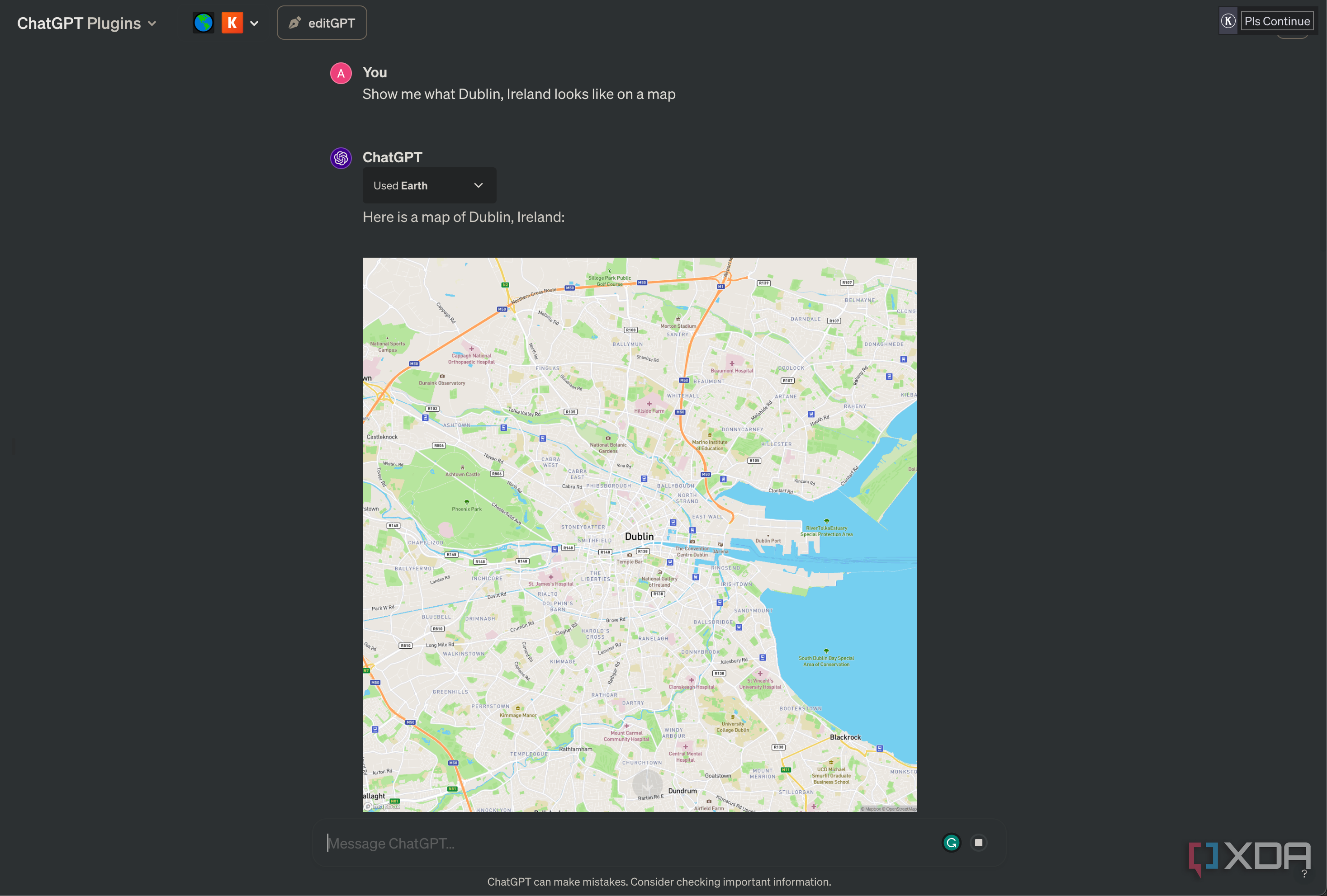 Asking ChatGPT's Earth plugin to show me Dublin, Ireland