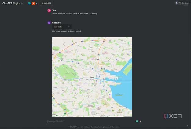Asking ChatGPT's Earth plugin to show me Dublin, Ireland
