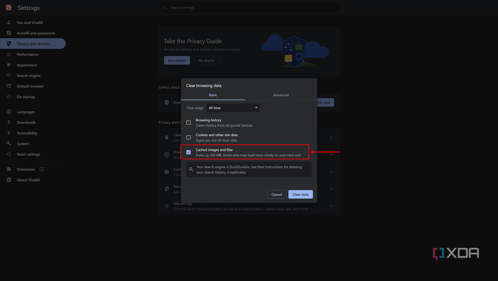 Screenshot of the clear browsing data dialog in Vivaldi