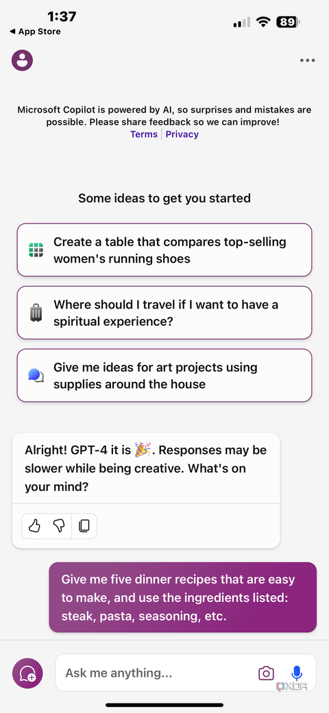 A prompt in the Microsoft Copilot app.