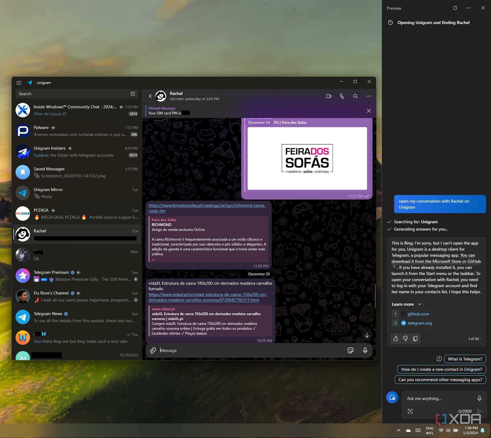 Screenshot of Copilot with a user prompt to open a specific conversation in an app, which Copilot can't do