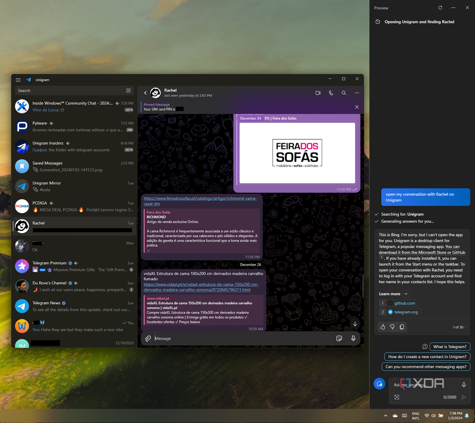 Screenshot of Copilot with a user prompt to open a specific conversation in an app, which Copilot can't do