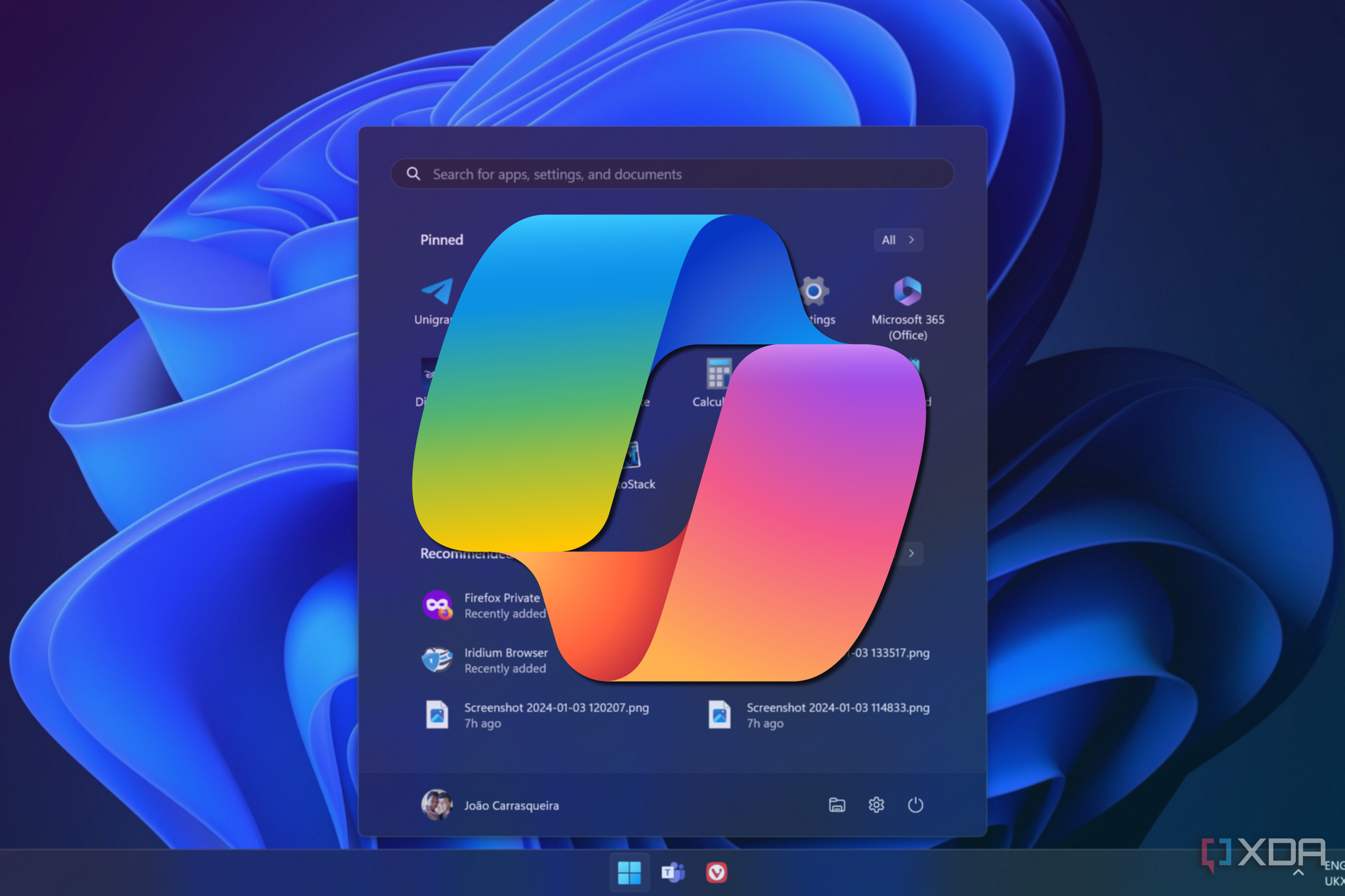 Screenshot of the Windows 11 Start menu with the Copilot logo overlaid on top