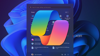 Screenshot of the Windows 11 Start menu with the Copilot logo overlaid on top