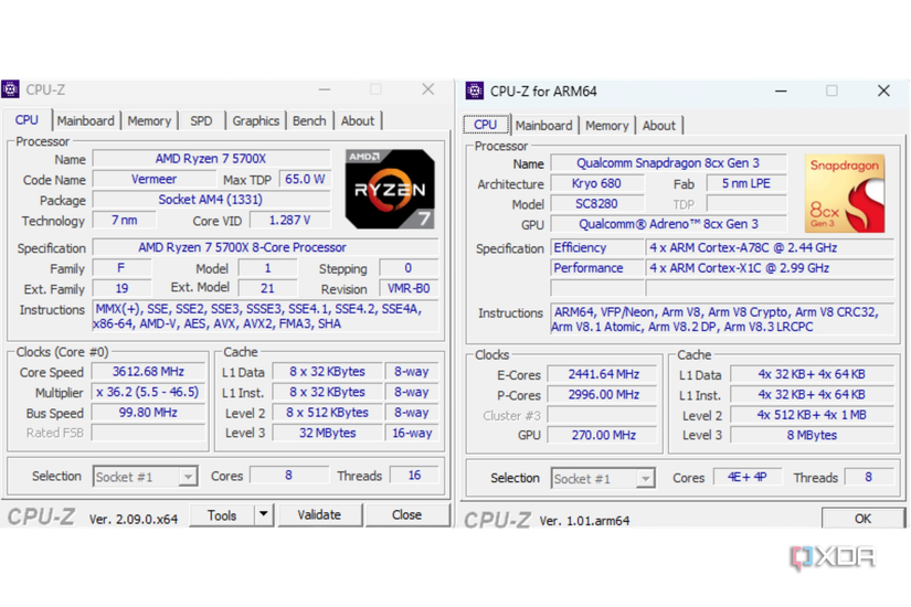 CPU-Z app screenshot showing ARMv7 vs ARM64 processor