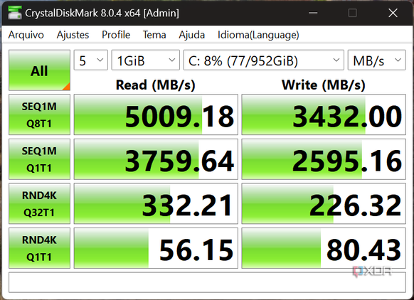 Screenshot of CrystalDiskMark test results on the Asus Zenbook 14 OLED