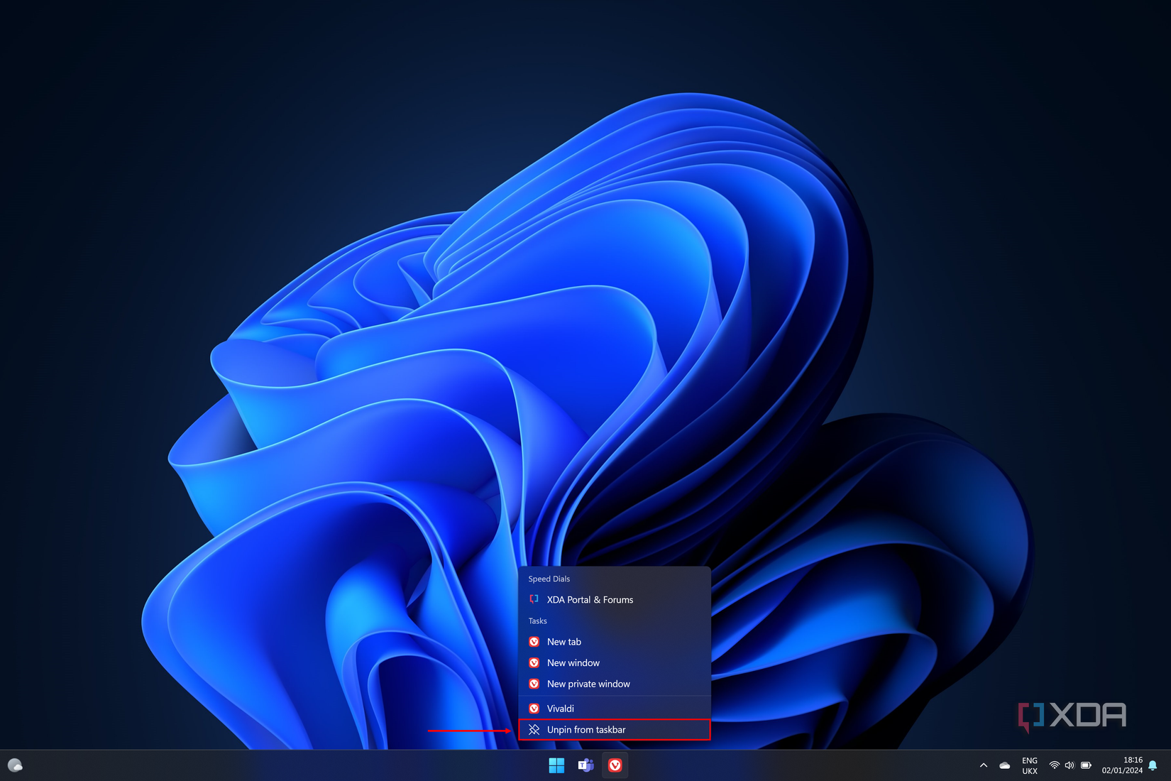 Screenshot of a taskbar jump list with the Unpin from taskbar option highlighted