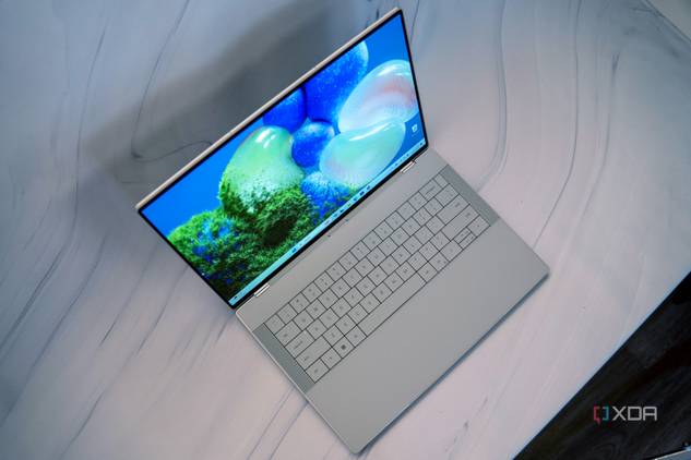 A Platinum Dell XPS 14 seen from above at an angle.