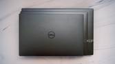 Overhead view of the The Dell XPS 13, 14, and 16 stacked on top of each other