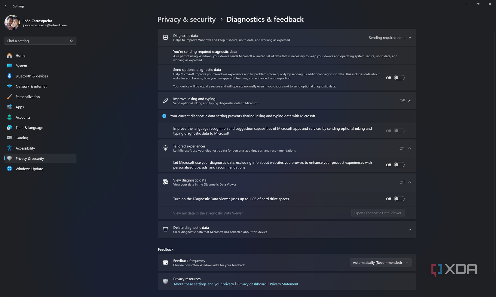 Screenshot of diagnostics and feedback privacy settings in Windows 11