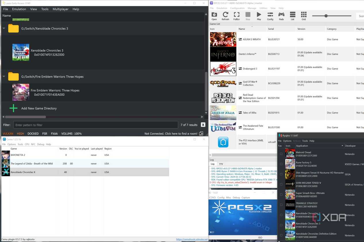 A screenshot of Yuzu, PCSX2, RPCS3, CEMU, and Ryujinx