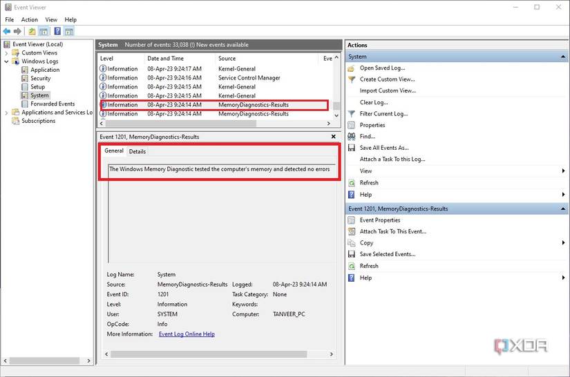 Event Viewer Memory Diagnostic results
