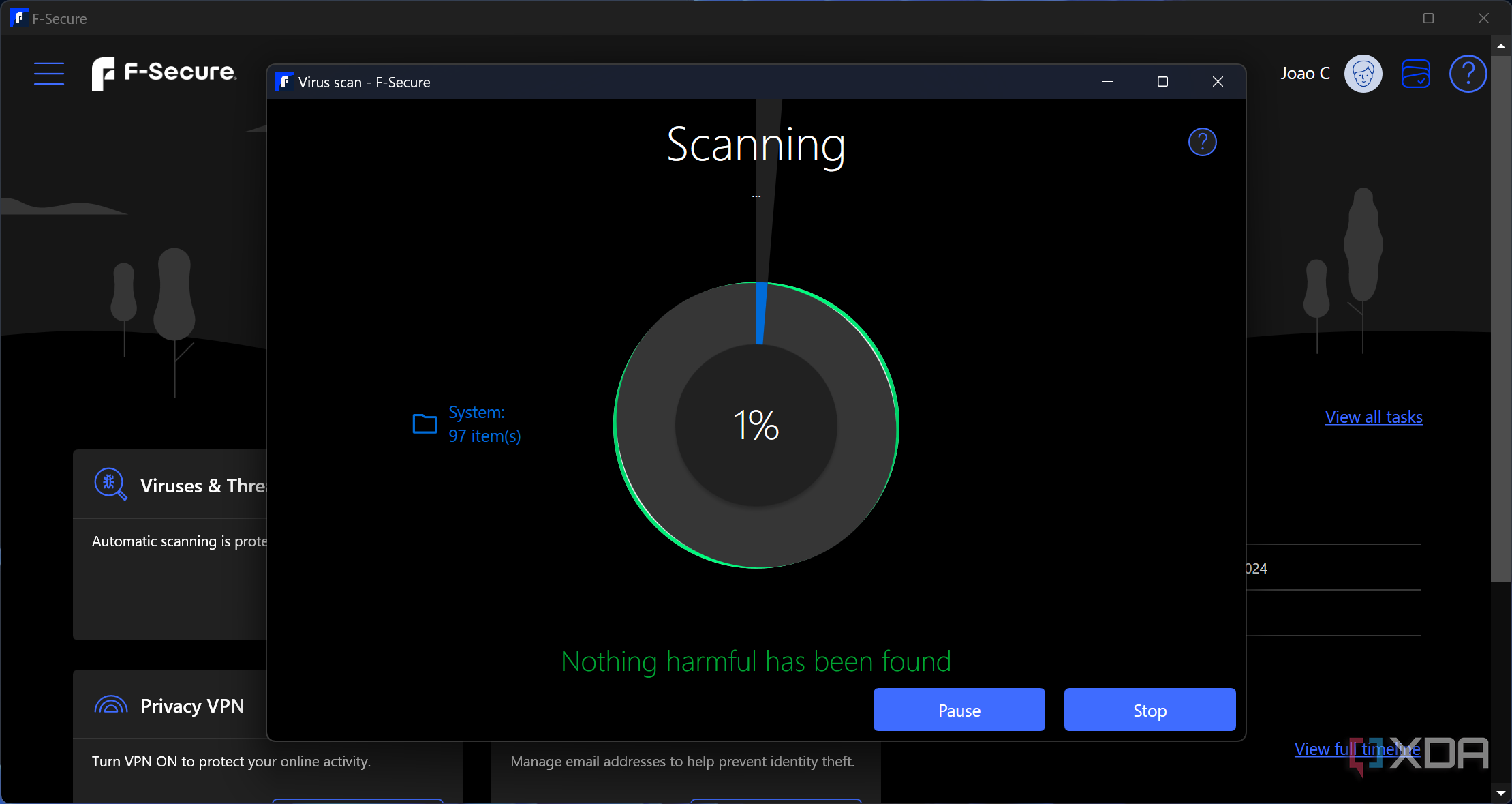 Screenshot of a scan running in F-Secure