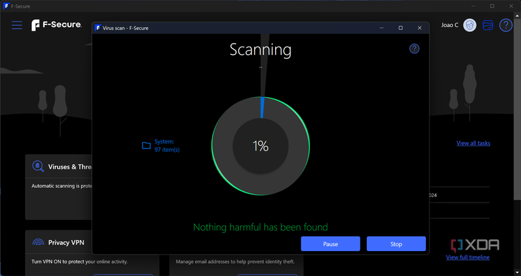 Screenshot of a scan running in F-Secure