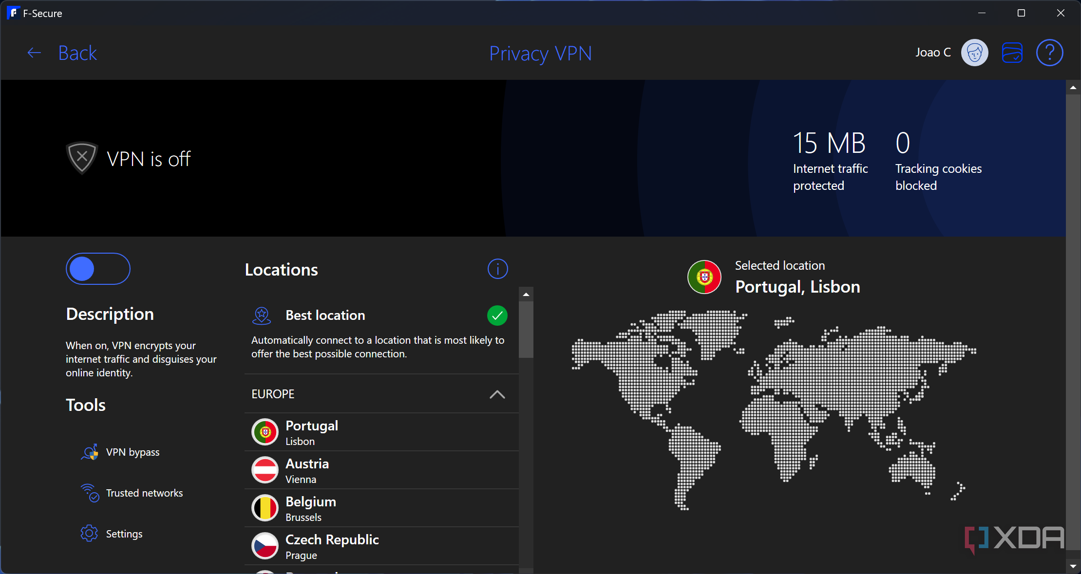 Screenshot of the VPN page in F-Secure