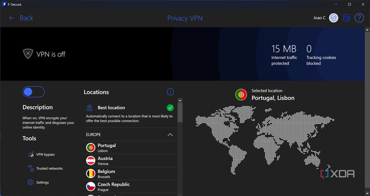 Screenshot of the VPN page in F-Secure