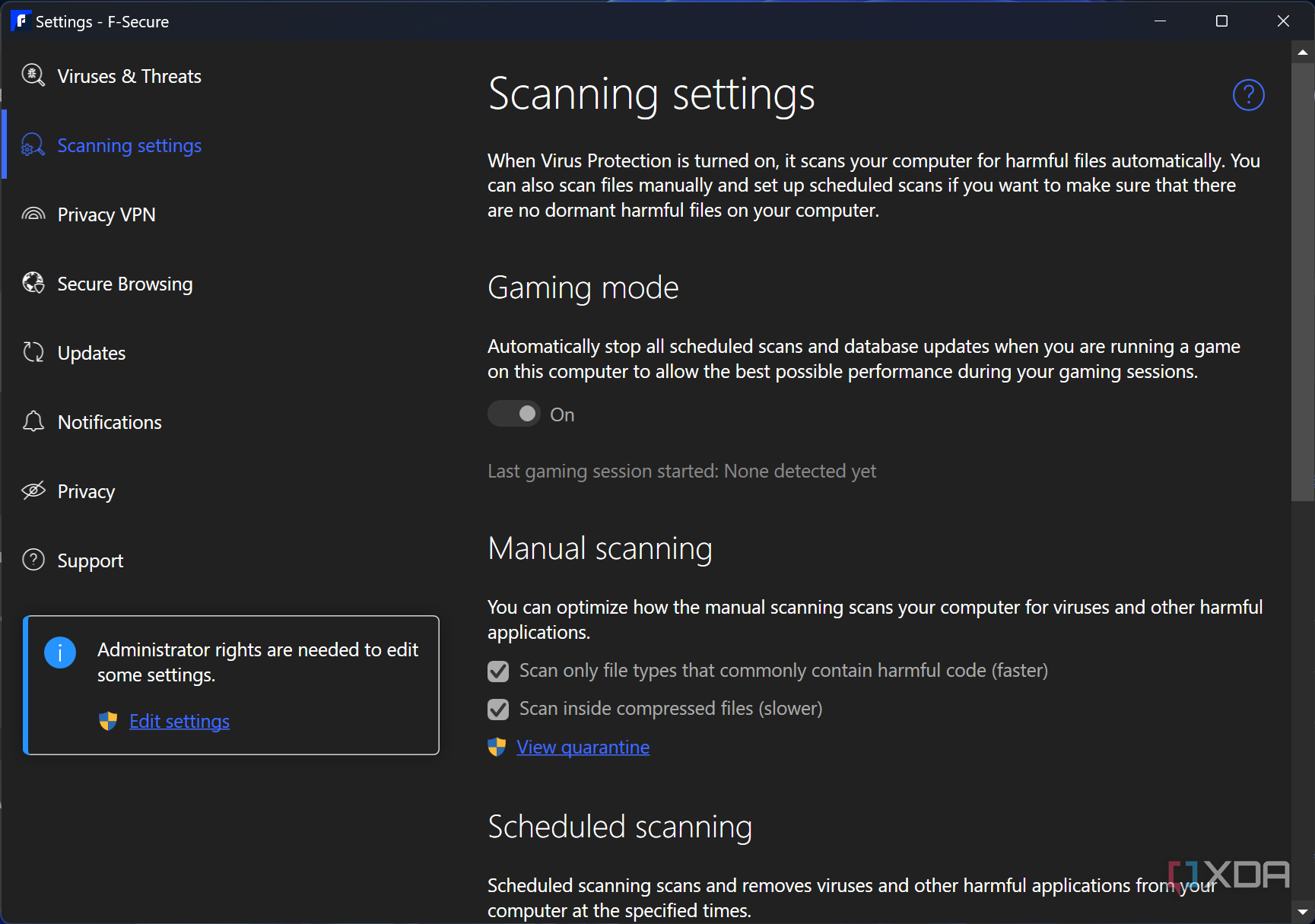 Screenshot of scanning settings in F-Secure