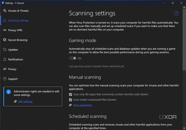Screenshot of scanning settings in F-Secure