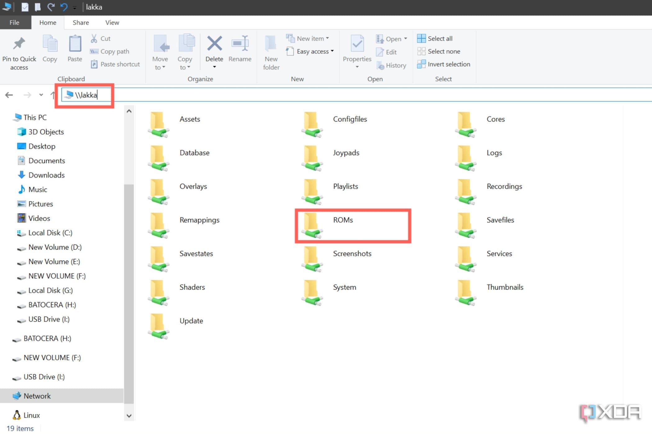 A screenshot of the File Explorer depicting the procedure to transfer files to Lakka via Samba