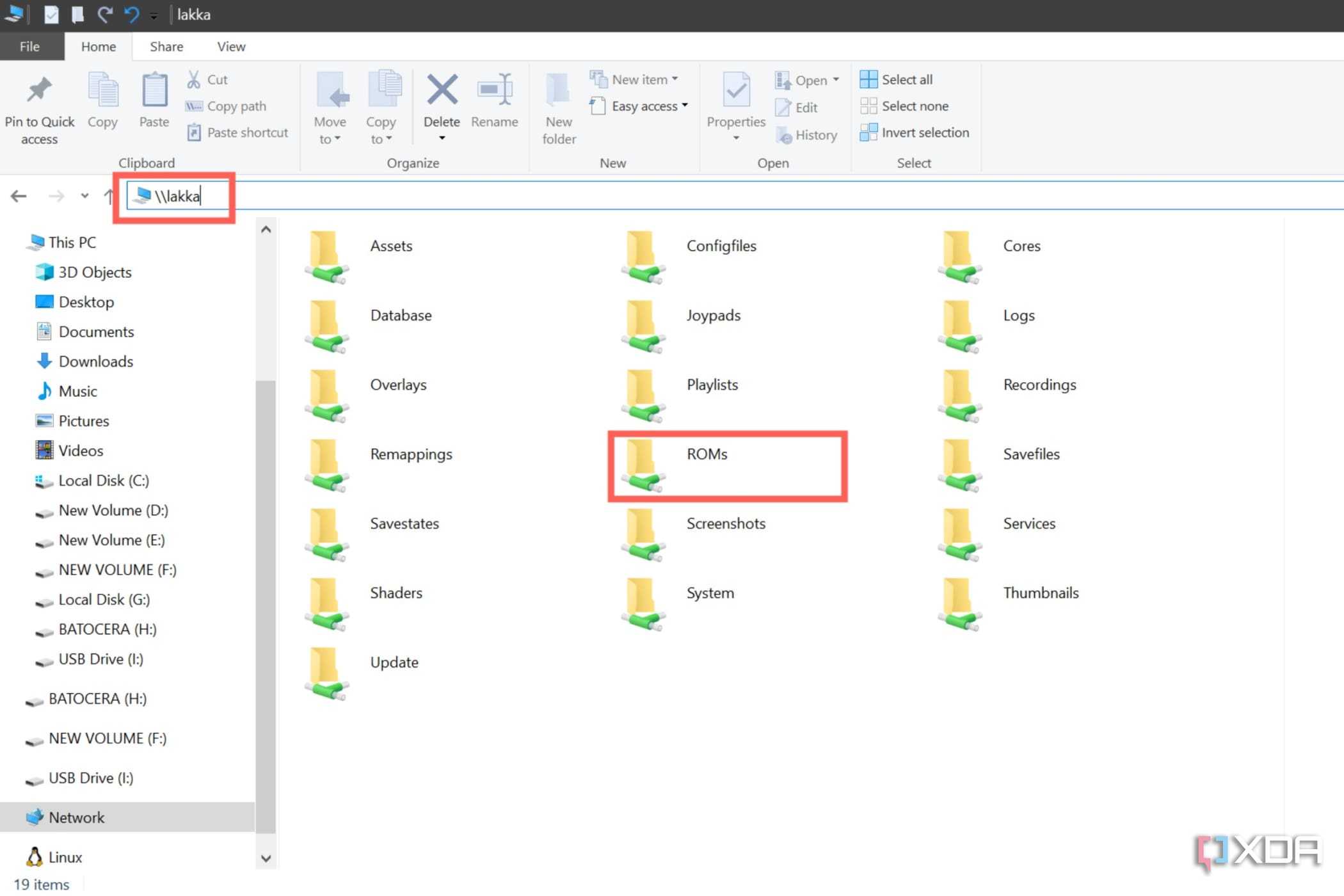 A screenshot of the File Explorer depicting the procedure to transfer files to Lakka via Samba