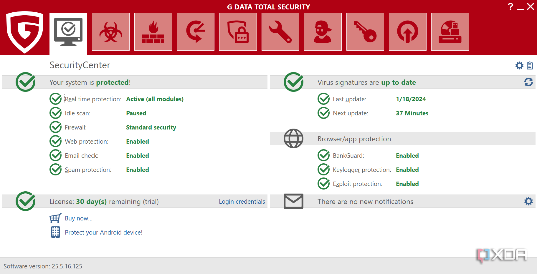 Screenshot of the main page in G Data