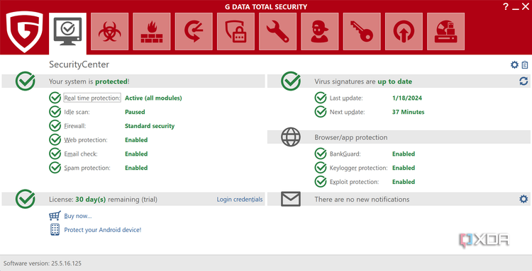 Screenshot of the main page in G Data