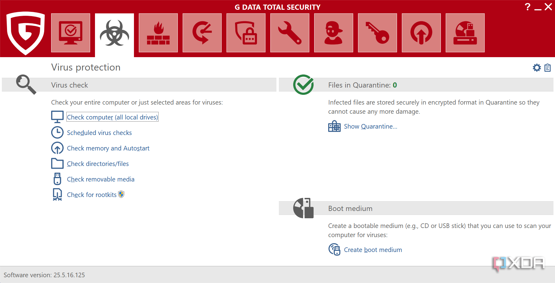 Screenshot of the virus protection page in G Data