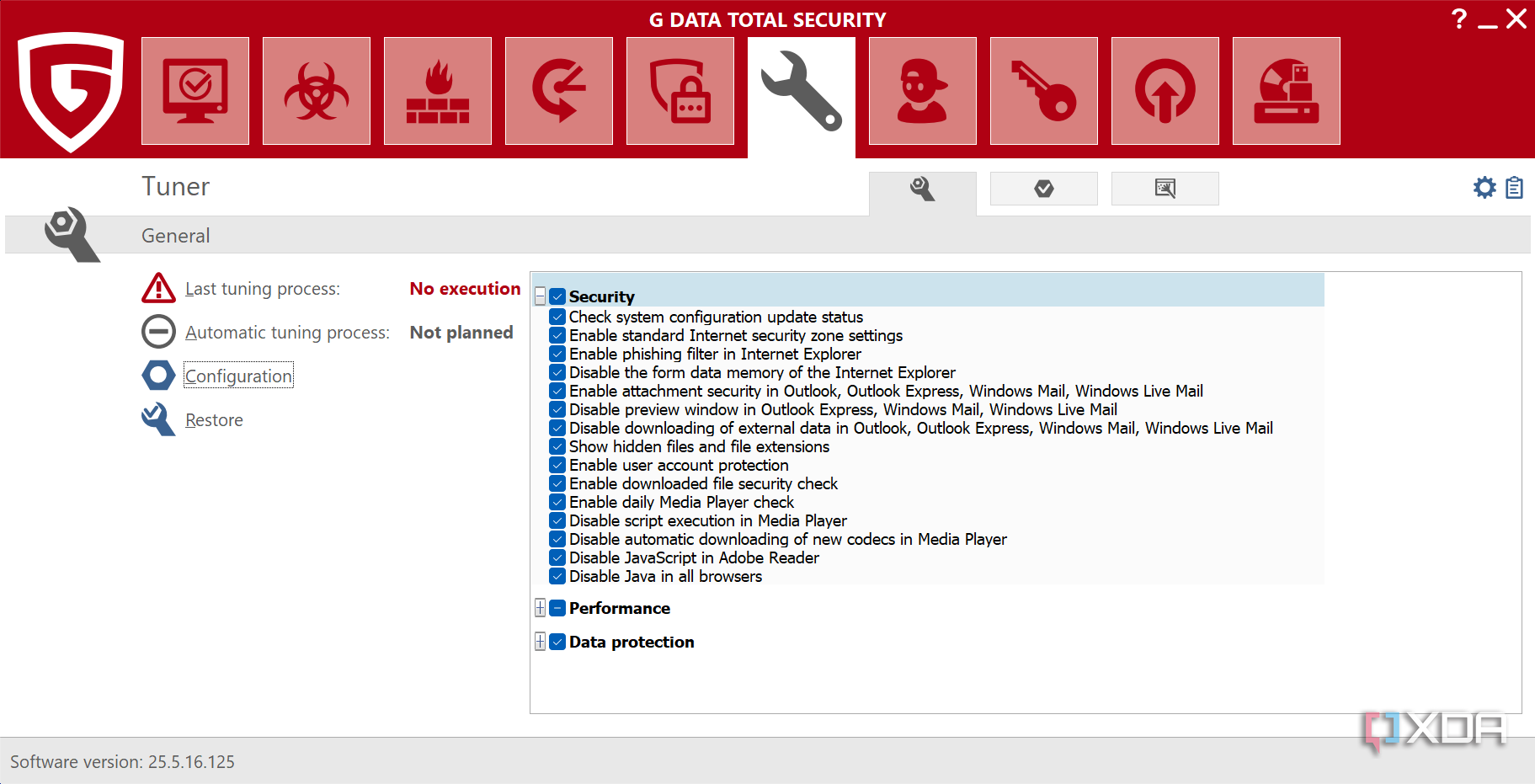 Screenshot of the Tuner page in G Data