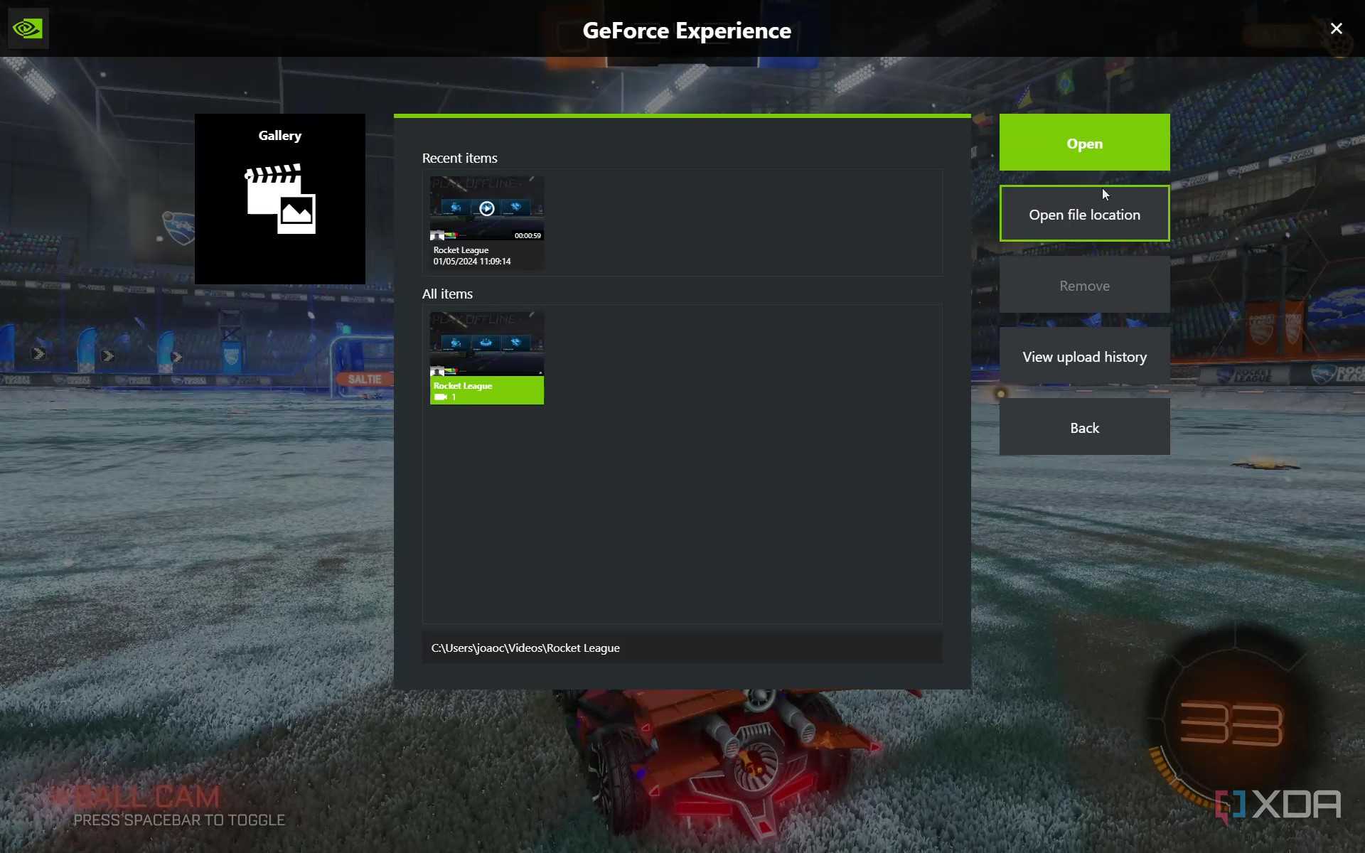 Screenshot of video recording library in the Nvidia GeForce Experience overlay