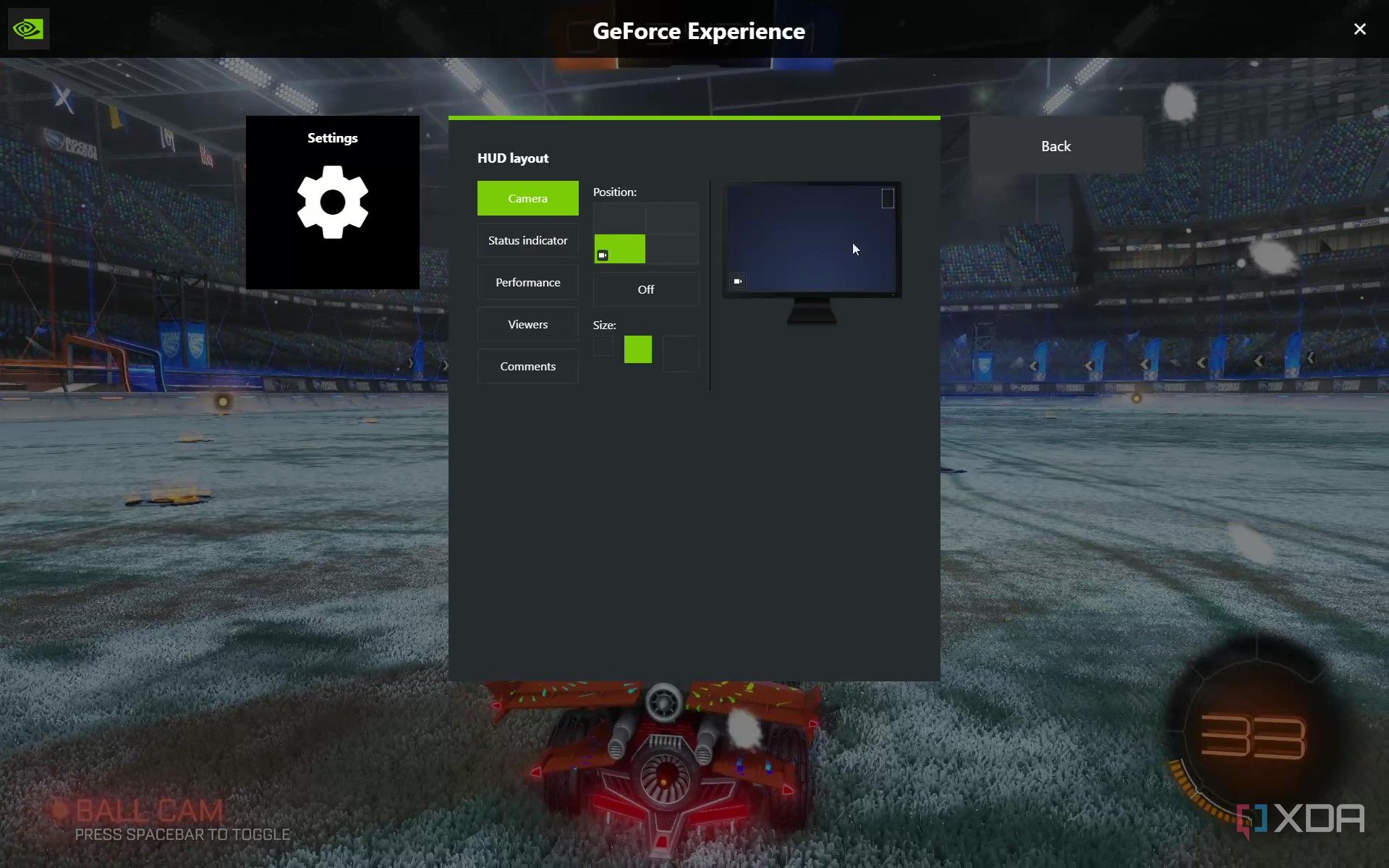 Screenshot of webcam settings in the Nvidia GeForce Experience overlay