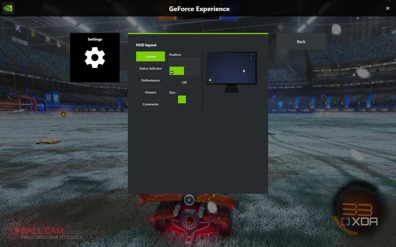 Screenshot of webcam settings in the Nvidia GeForce Experience overlay