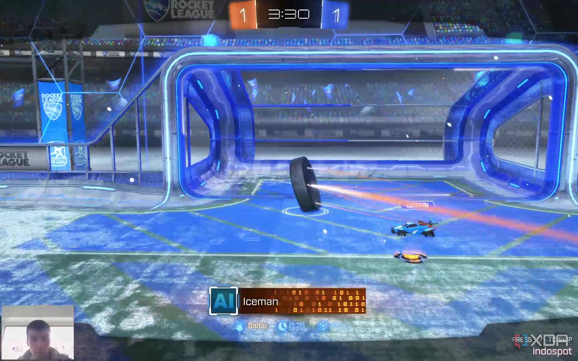 Screenshot of Rocket League with a webcam feed in the bottom right corner