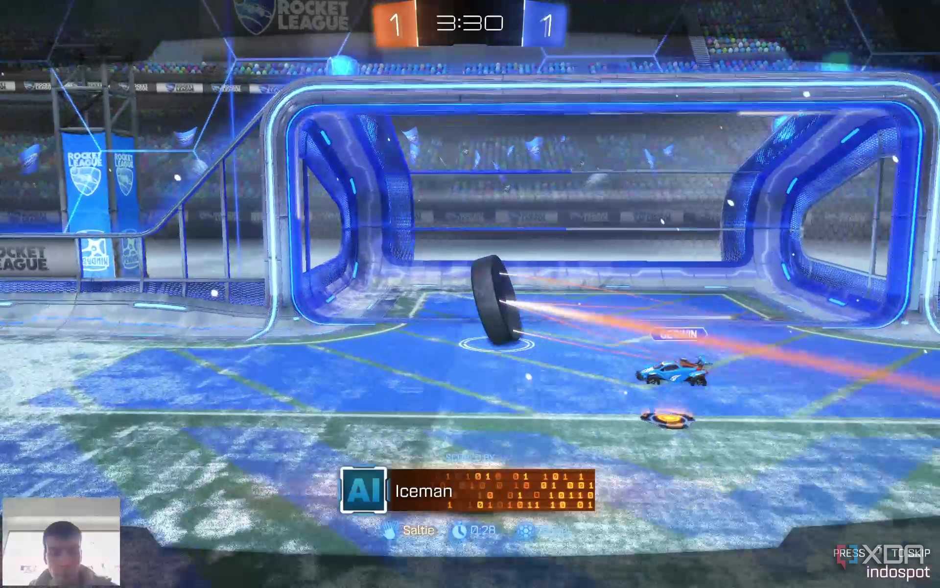 Screenshot of Rocket League with a webcam feed in the bottom right corner