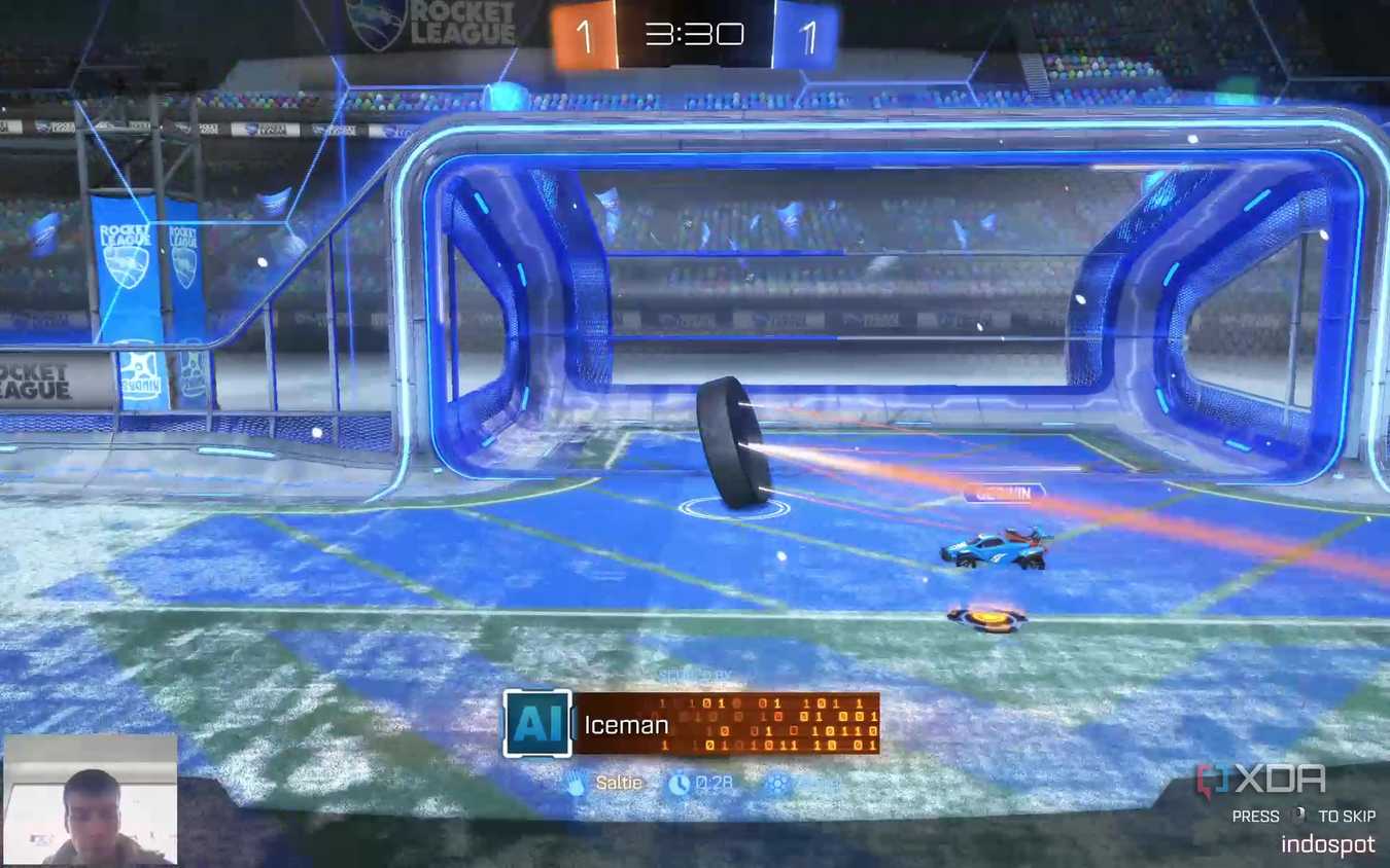 Screenshot of Rocket League with a webcam feed in the bottom right corner