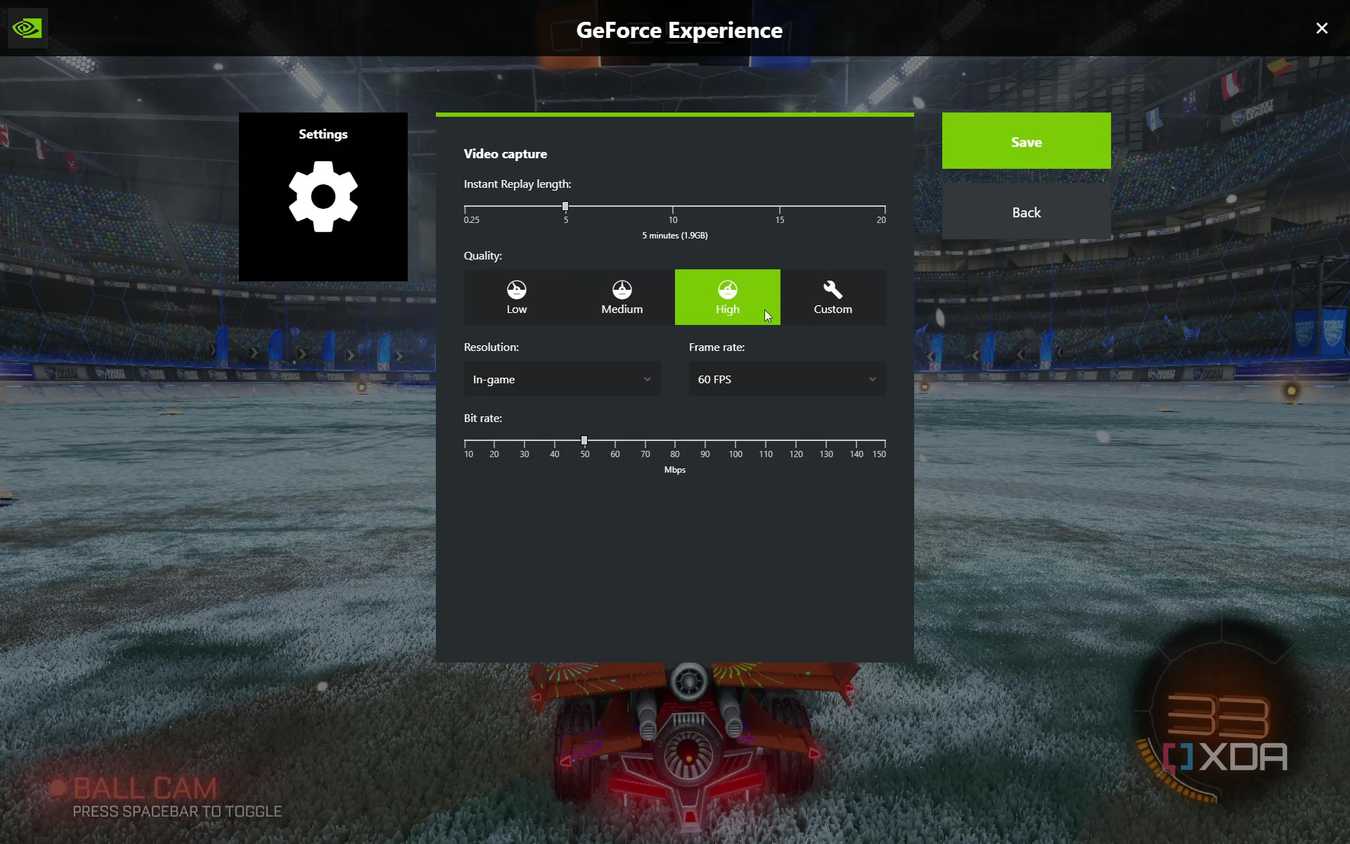 Screenshot of video capture settings in the Nvidia GeForce Experience overlay