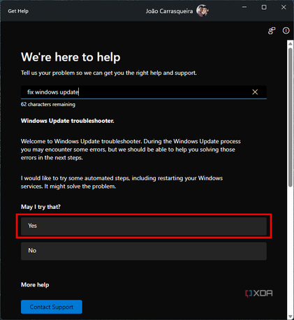 Screenshot of Get Help suggesting the troubleshooter for Windows Update with the Yes option highlighted